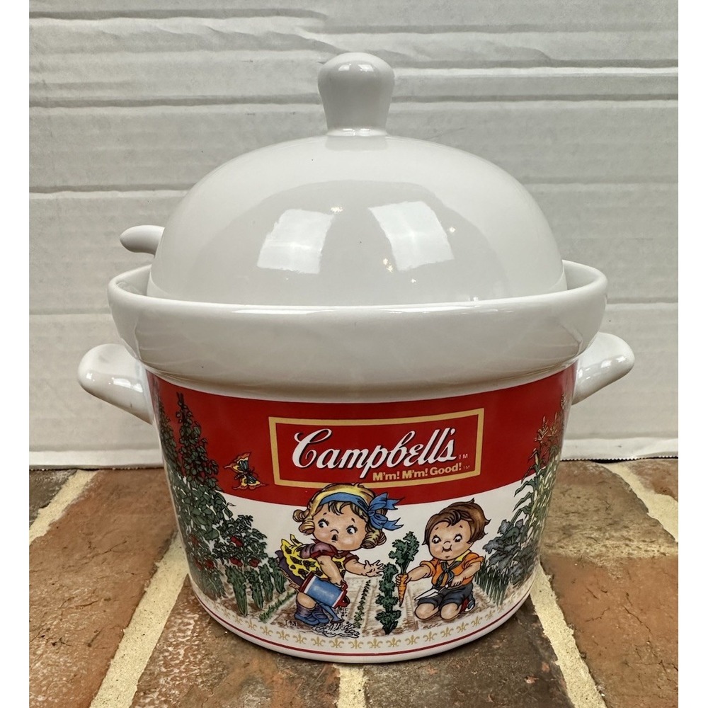 Vintage 1993 Campbell's Soup Tureen Lid & Ladle "Kids In The Garden" Ceramic